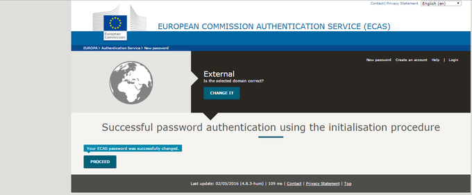 Skærmbillede af ECAS - password er oprettet