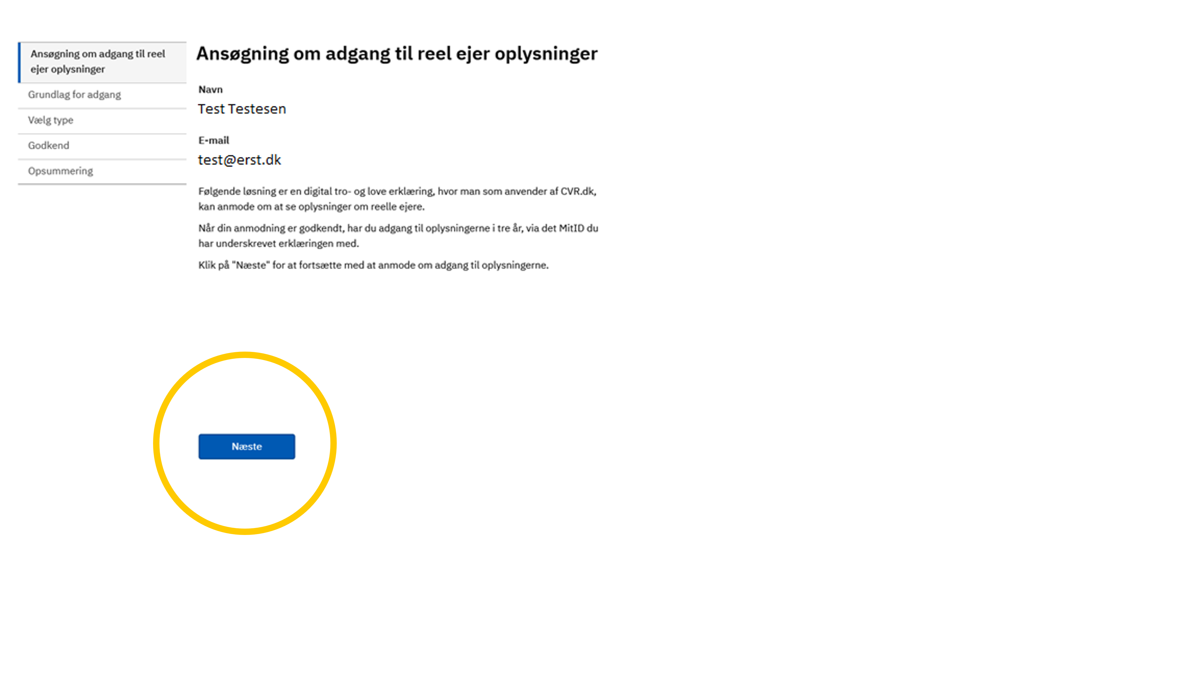 Skærmbillede, der viser hvordan der kan ansøges om adgang til oplysninger om reelle ejere på CVR.dk