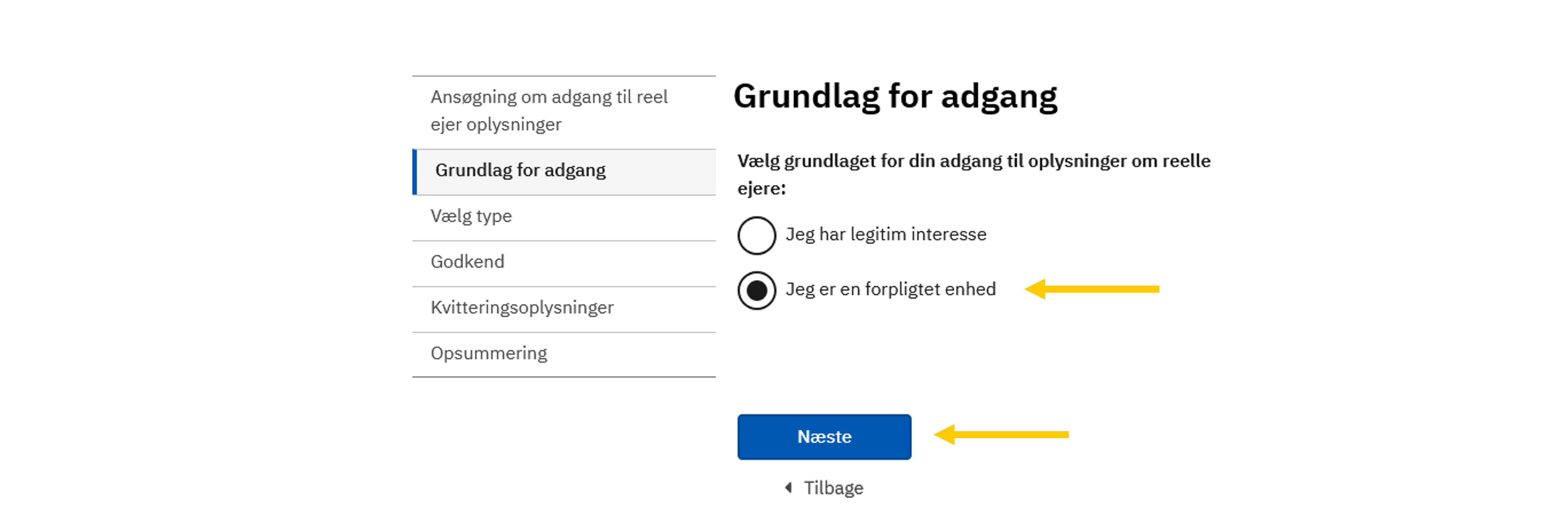 Skræmbillede der vises hvilke kategorier der kan vælges som grundlag for adgang til oplysninger om reelle ejere på CVR.dk