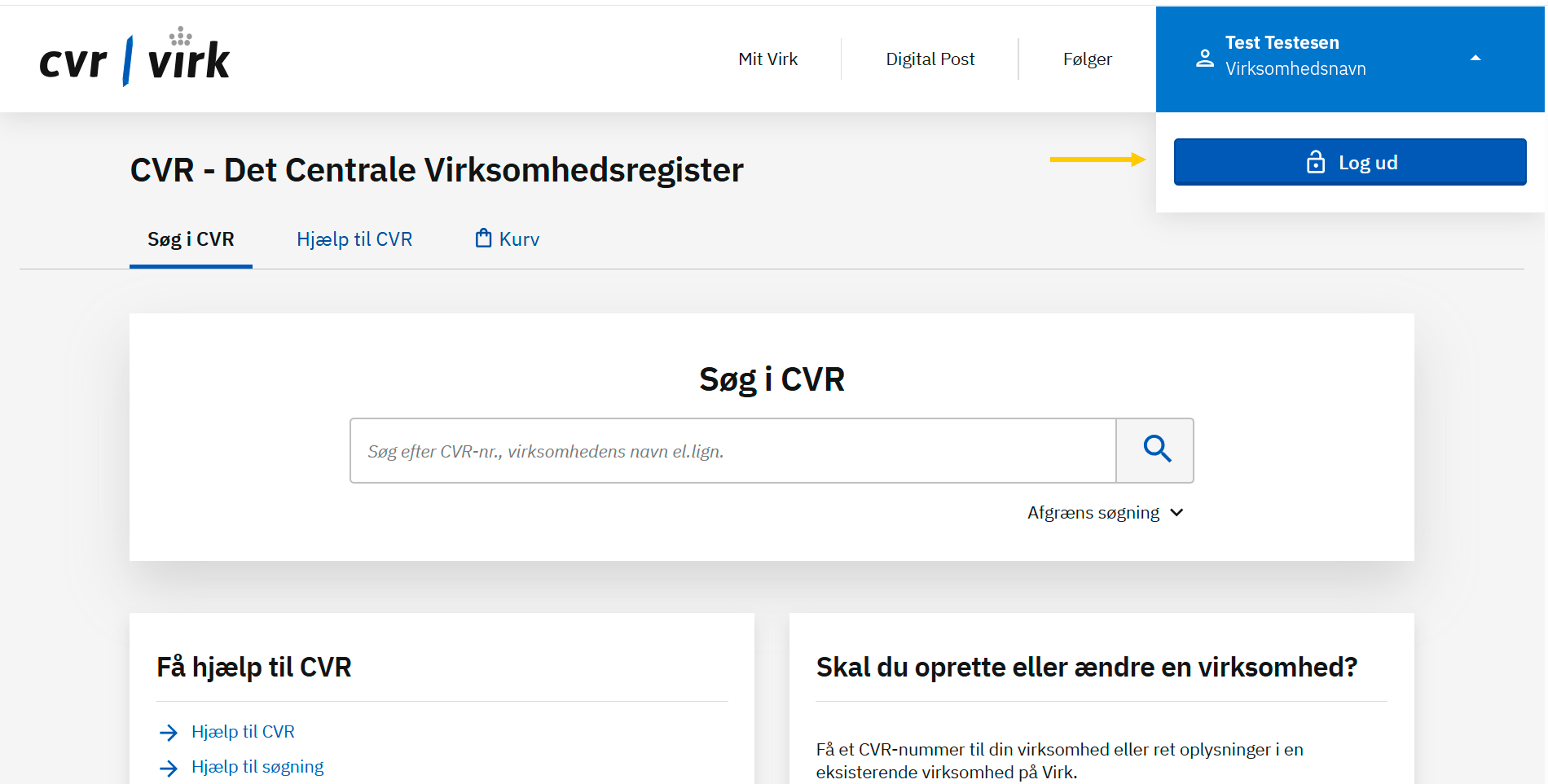 Skærmbillede, der viser hvordan man logger ud af CVR.dk